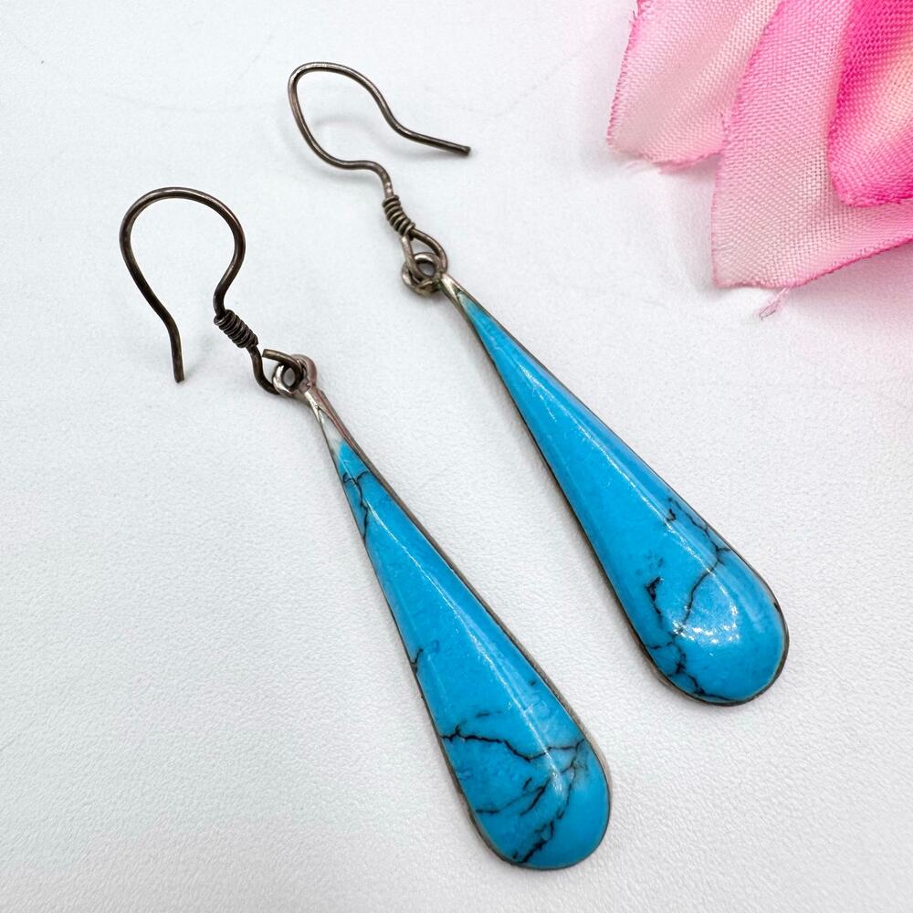 Southwestern Blue Stone Teardrop Dangle Earrings Native Tribal Festival Boho